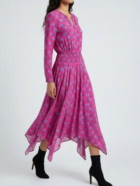 Maje Rayina Floral Asymmetrical Midi Dress Pink Romantic Resort Size S